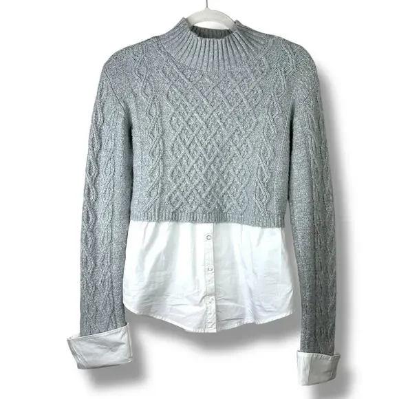 Maeve Anthropologie NWOT Gray Cable-Knit Layered Crewneck Overlay Button Sweater - Picture 4 of 9